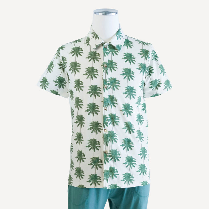 mens short sleeve button down shirt | green palm | organic cotton jersey