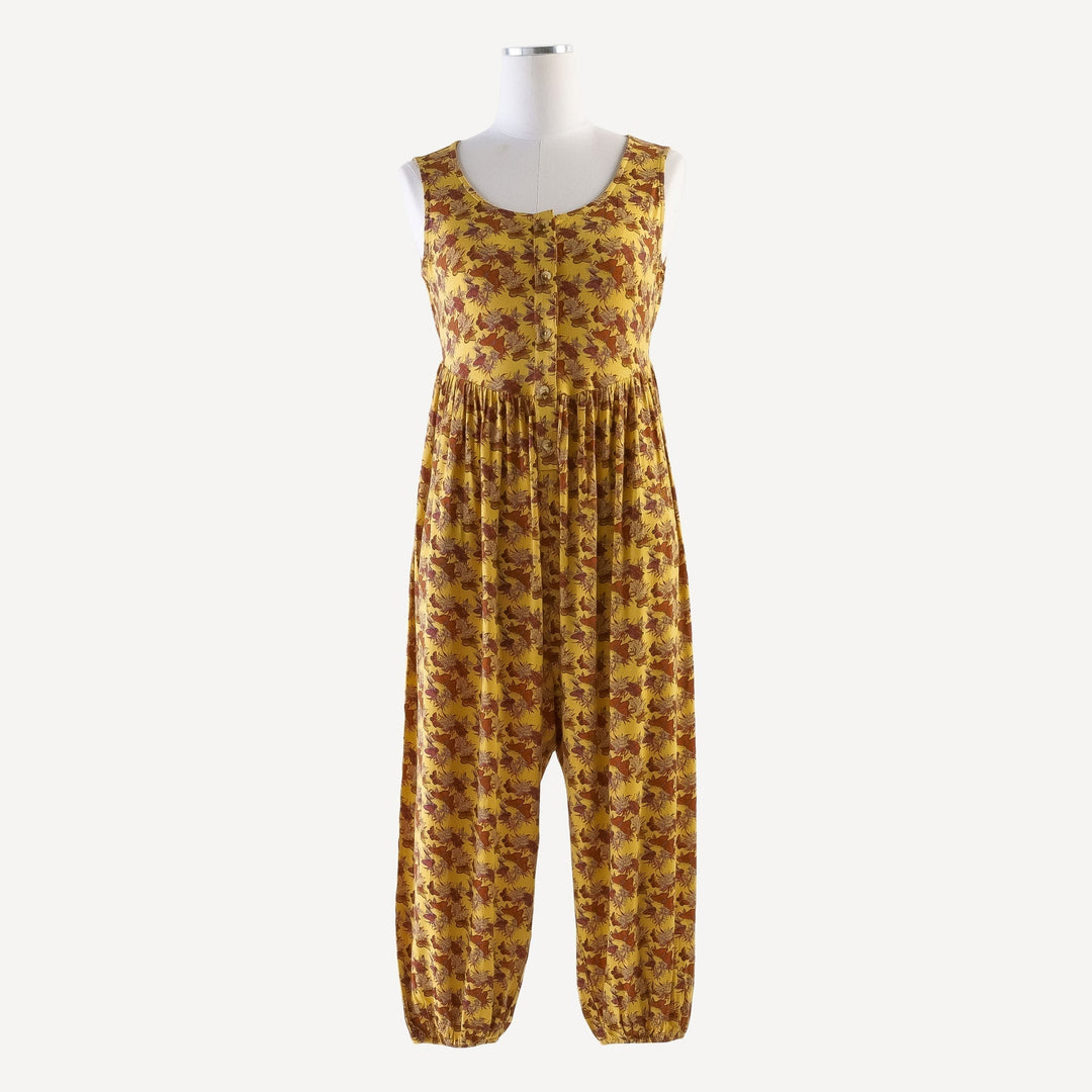 AS IS! womens sleeveless button front v-waist jumpsuit | gold butterflies and milkweed | bamboo