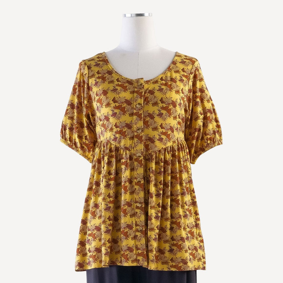 AS IS! womens short sleeve button front v-waist top | gold butterflies and milkweed | bamboo