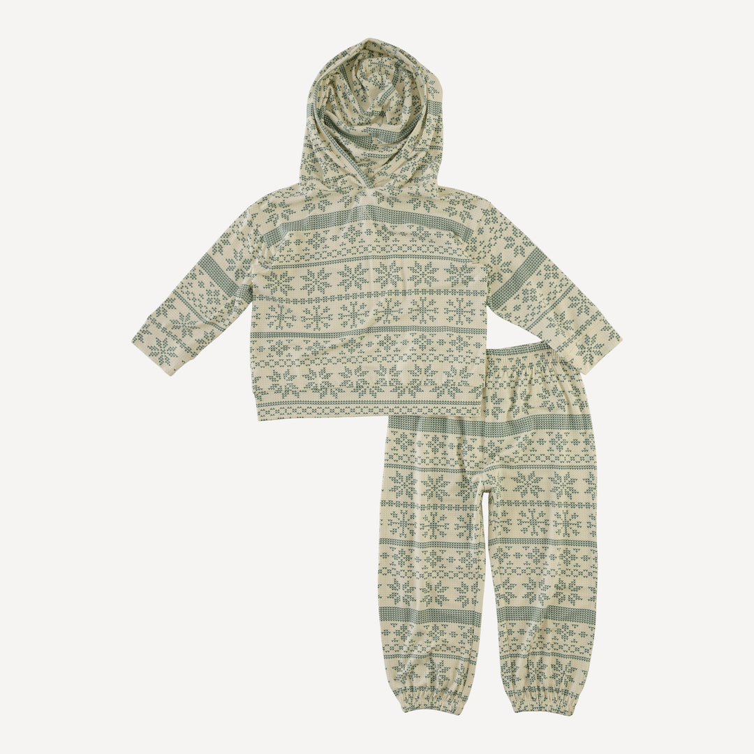 long sleeve hooded relaxed jogger set | green nordic snowflake | bamboo