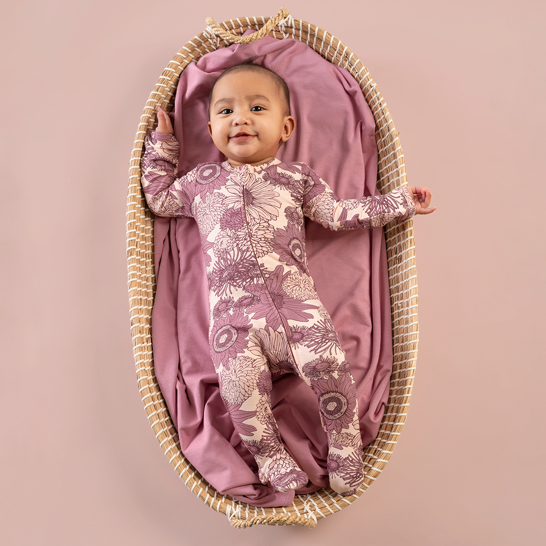 long sleeve zipper footie | pink big sunflower | viscose from bamboo