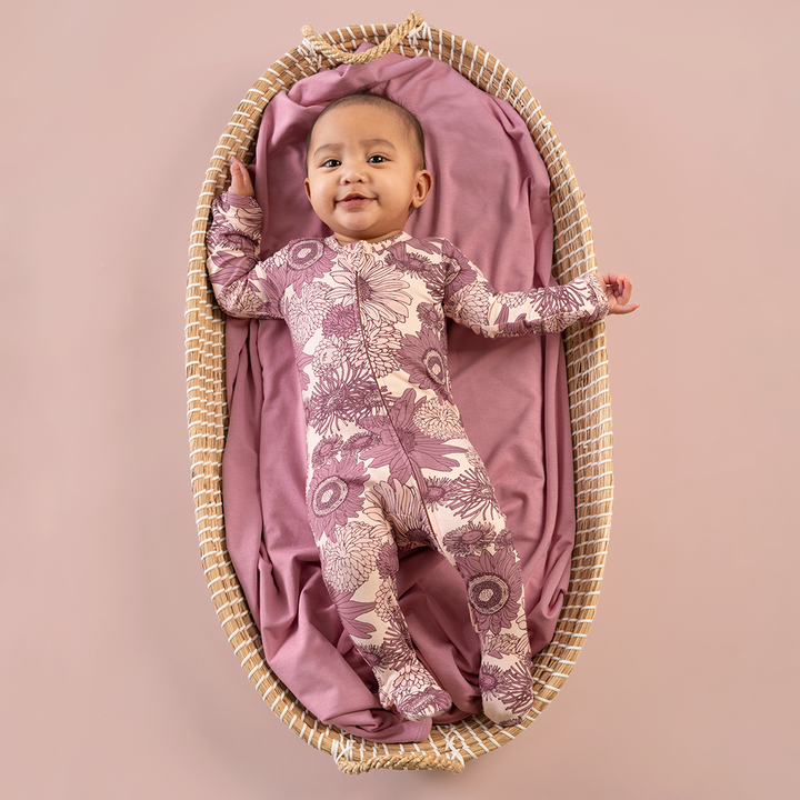 long sleeve zipper footie | pink big sunflower | viscose from bamboo