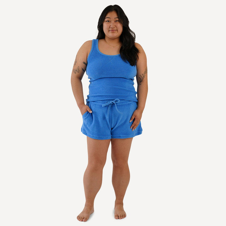 womens jamie tank short set | vivid blue | organic cotton terry