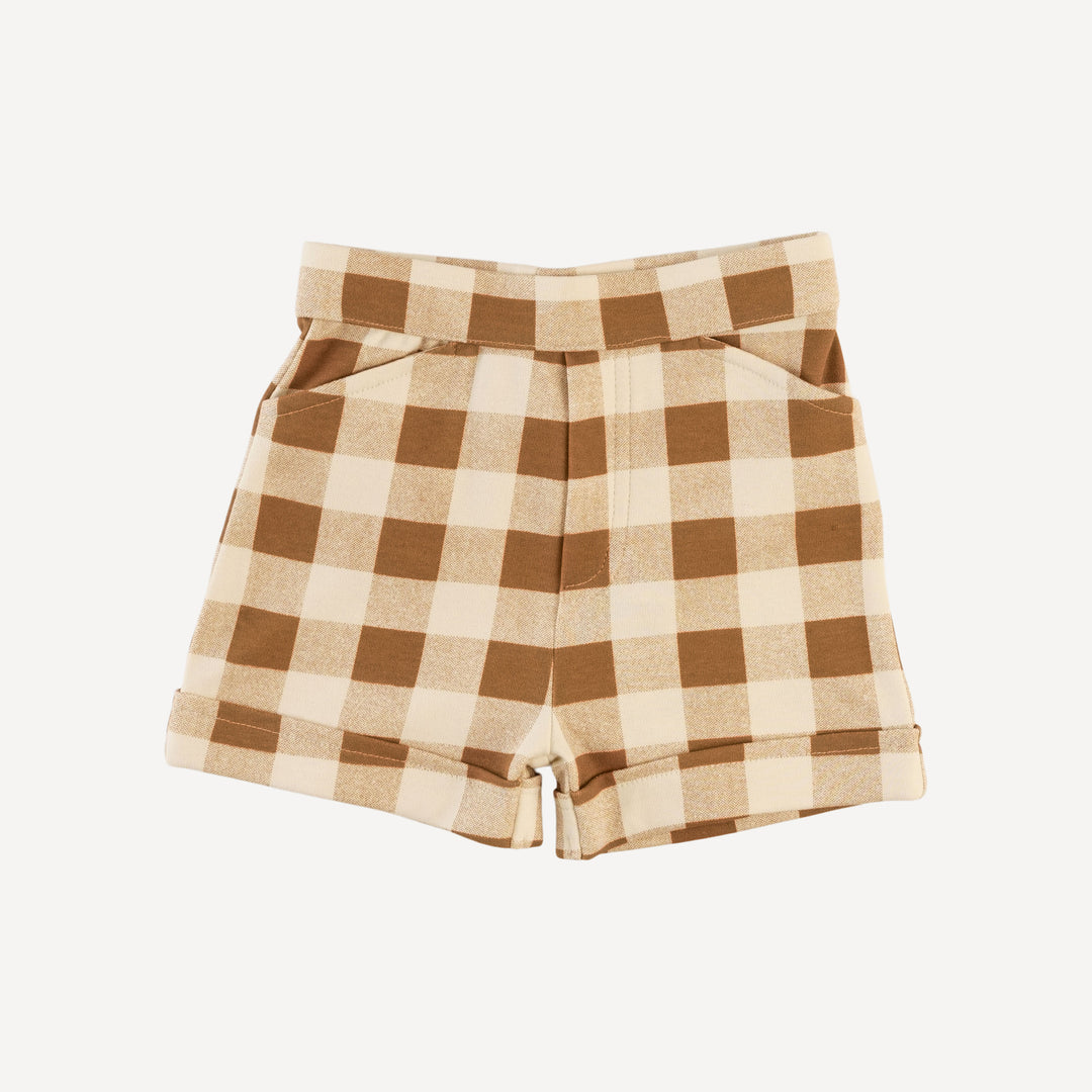 cuffed pocket short | cinnamon gingham | organic cotton interlock
