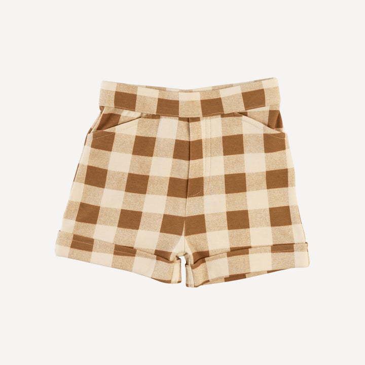 cuffed pocket short | cinnamon gingham | organic cotton interlock