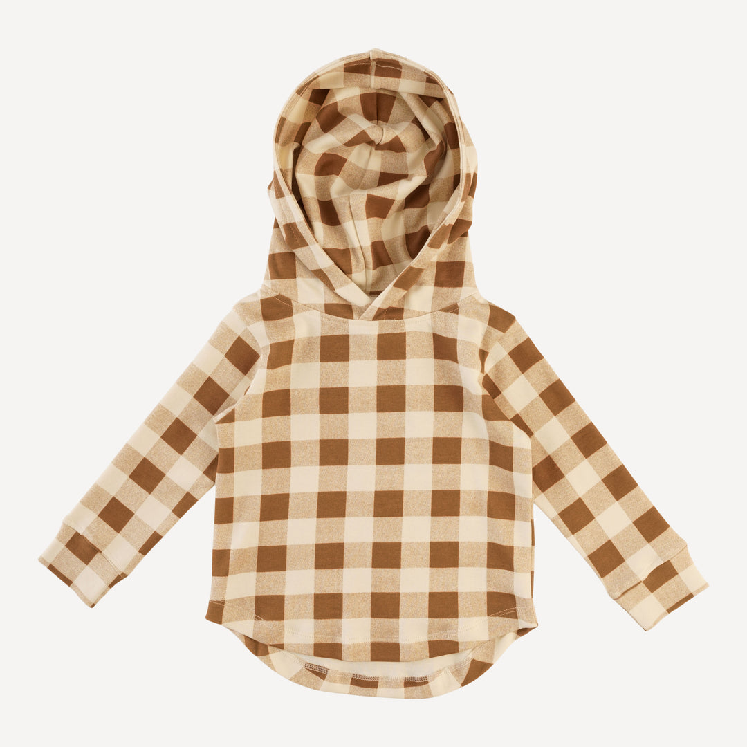 long sleeve shirt tail hoodie | cinnamon gingham | organic cotton interlock