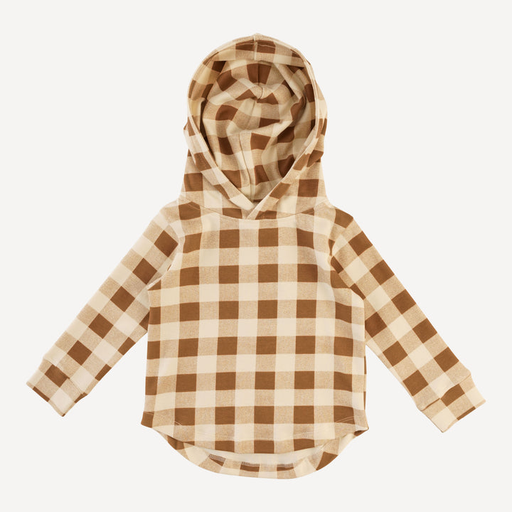 long sleeve shirt tail hoodie | cinnamon gingham | organic cotton interlock