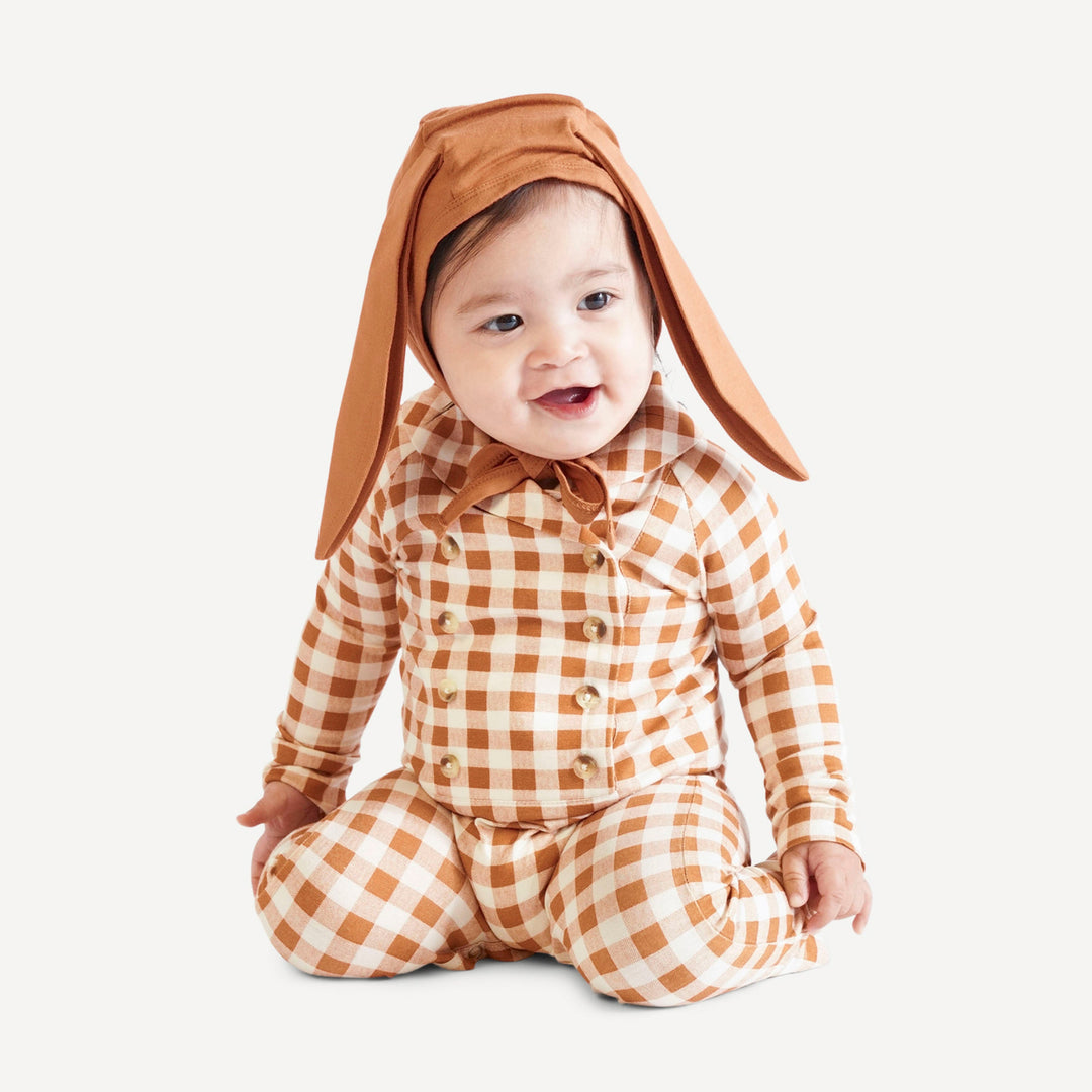 long sleeve double breasted shawl collar jumpsuit | toffee gingham | bamboo