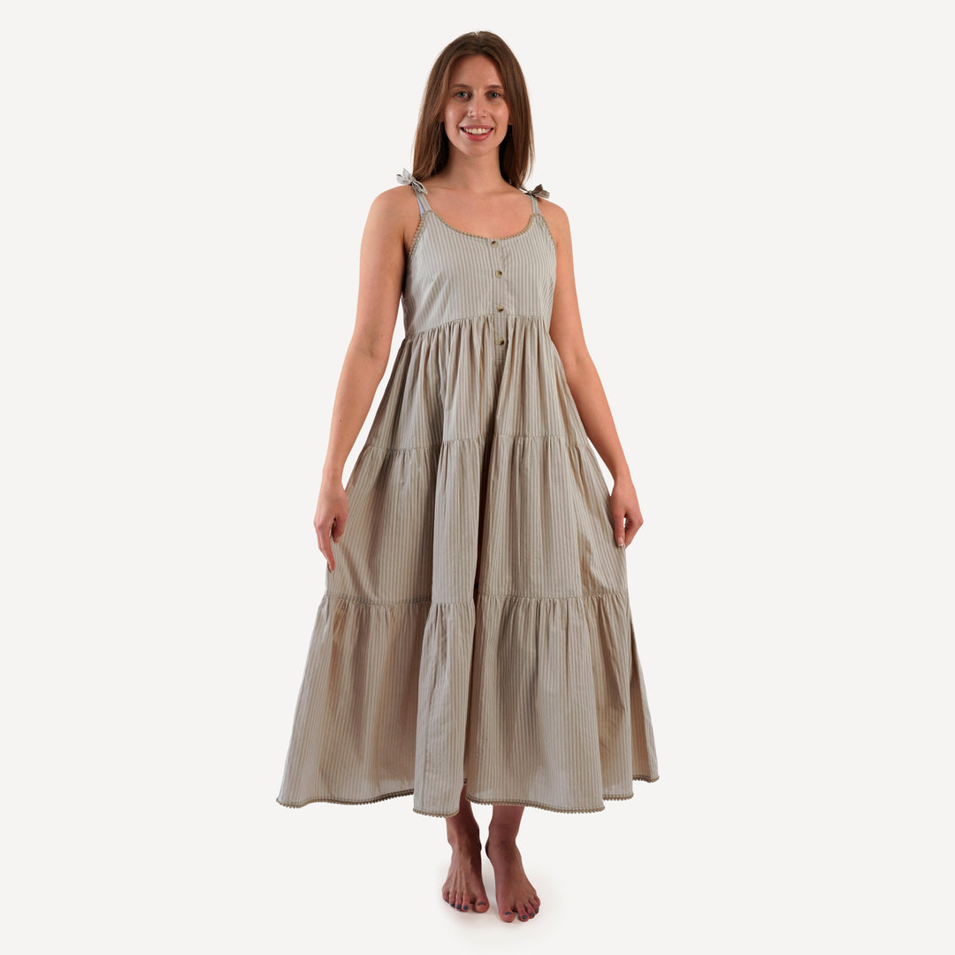 womens spaghetti tie pom pom prairie dress | earthy pinstripe | organic cotton woven