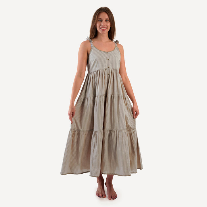 womens spaghetti tie pom pom prairie dress | earthy pinstripe | organic cotton woven
