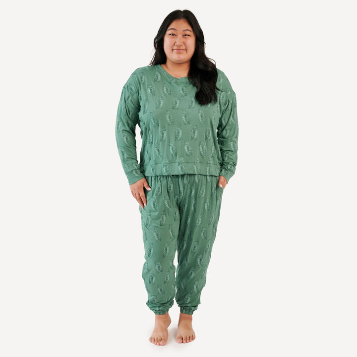 womens long sleeve jogger set | green owl | bamboo