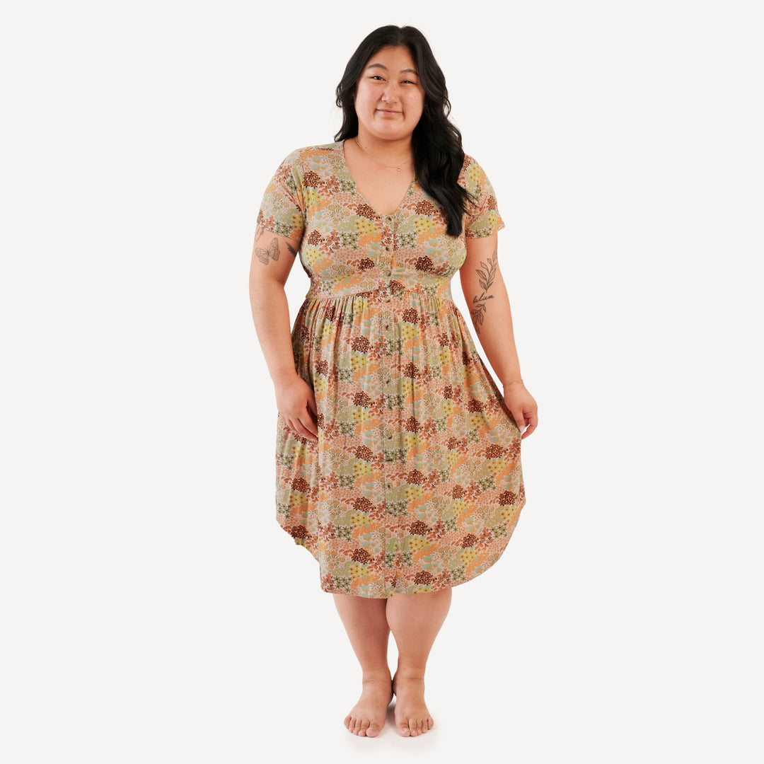 womens short sleeve shirt tail button dress | pink ditsy garden | bamboo