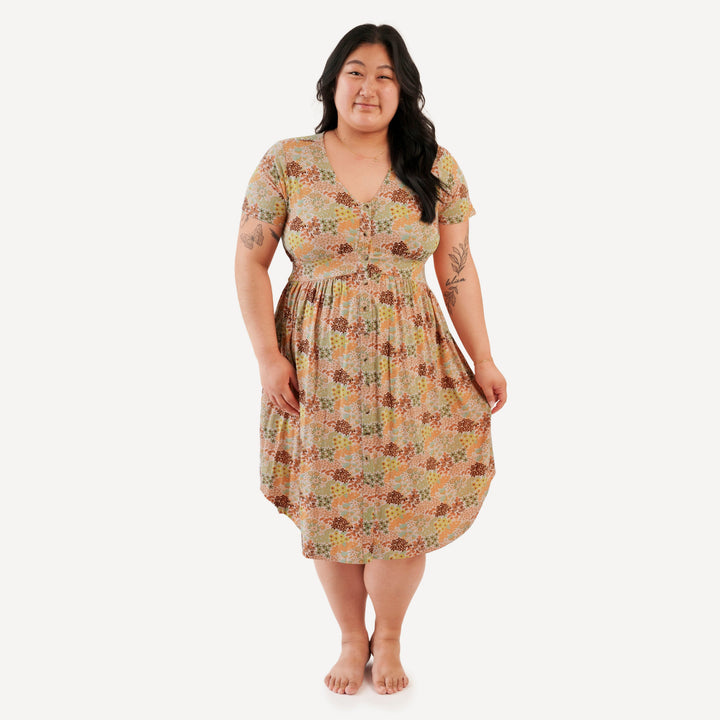 womens short sleeve shirt tail button dress | pink ditsy garden | bamboo