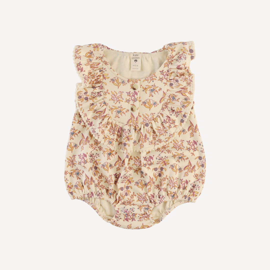 sleeveless ruffle button pom pom bubble | ditsy bouquet | organic cotton interlock