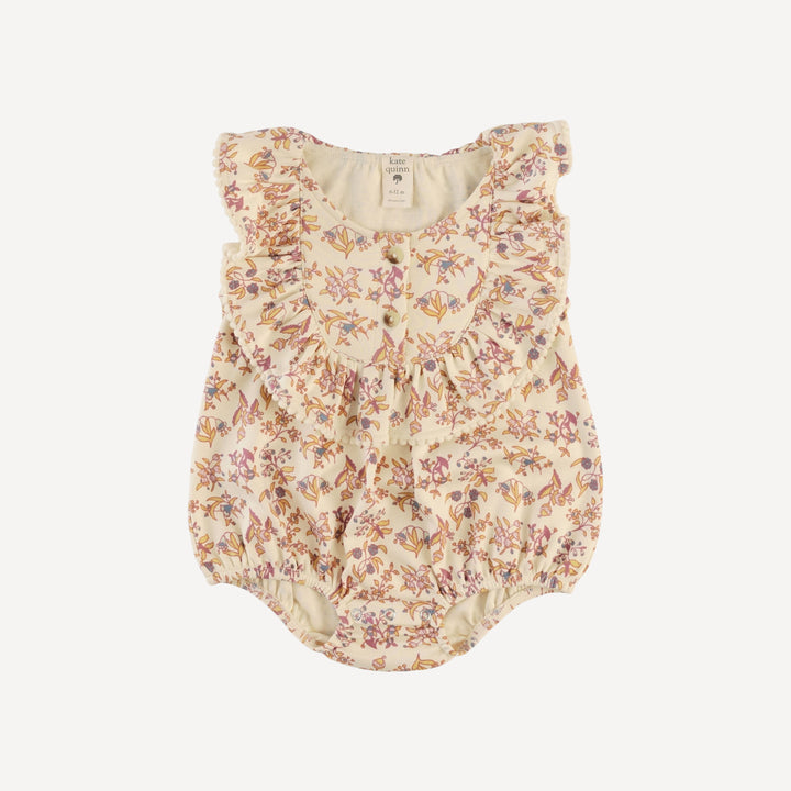 sleeveless ruffle button pom pom bubble | ditsy bouquet | organic cotton interlock