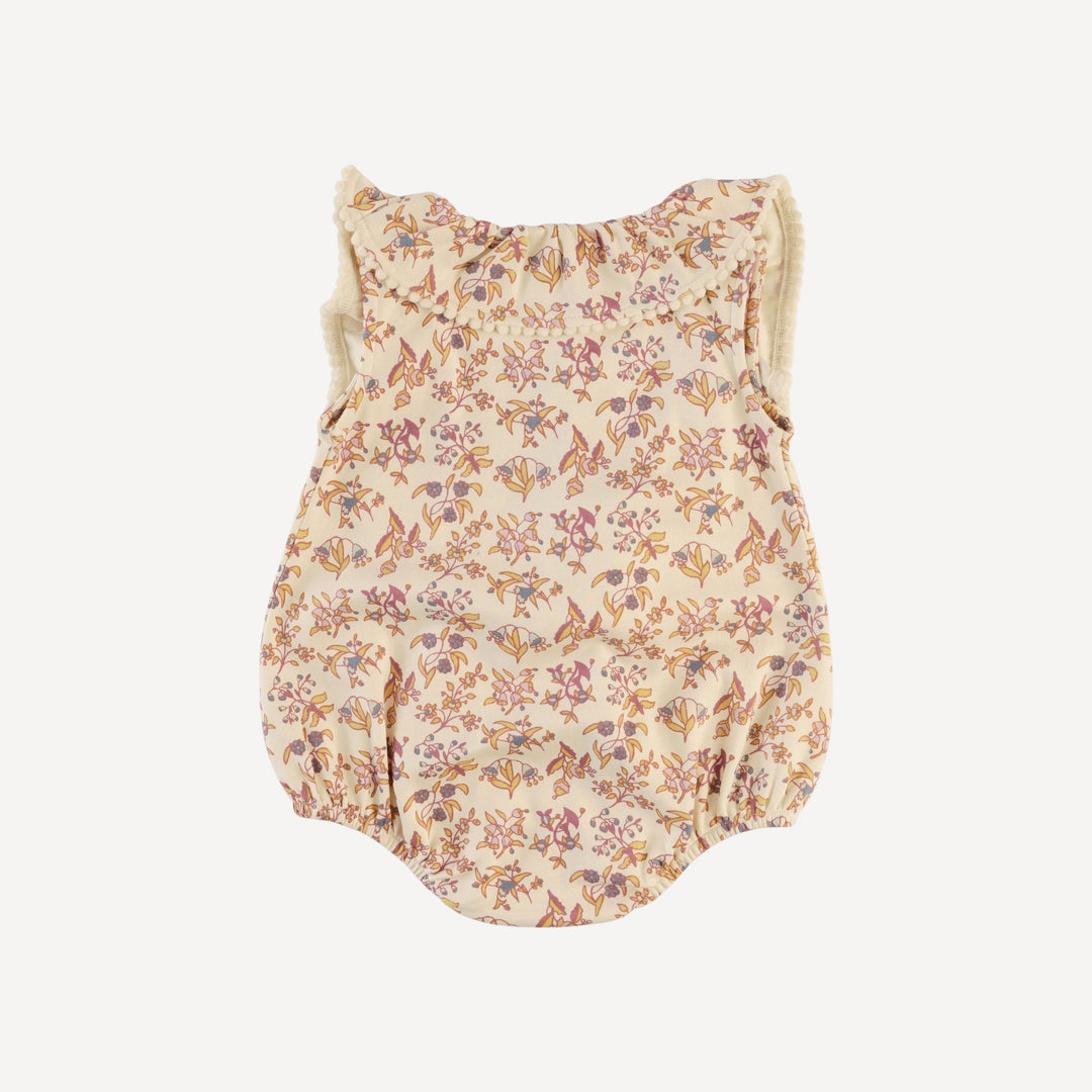 sleeveless ruffle button pom pom bubble | ditsy bouquet | organic cotton interlock
