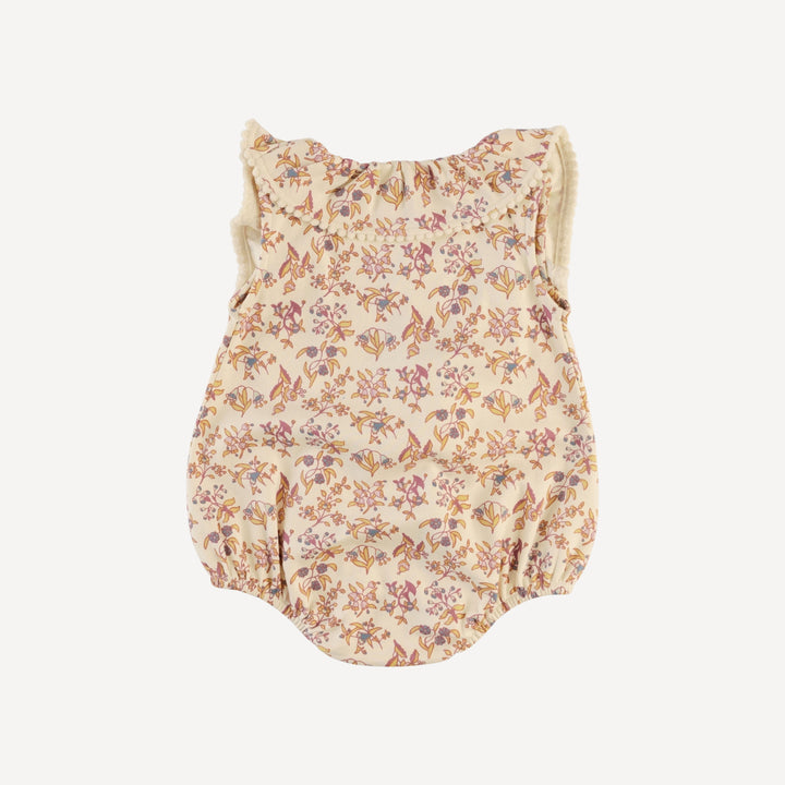 sleeveless ruffle button pom pom bubble | ditsy bouquet | organic cotton interlock
