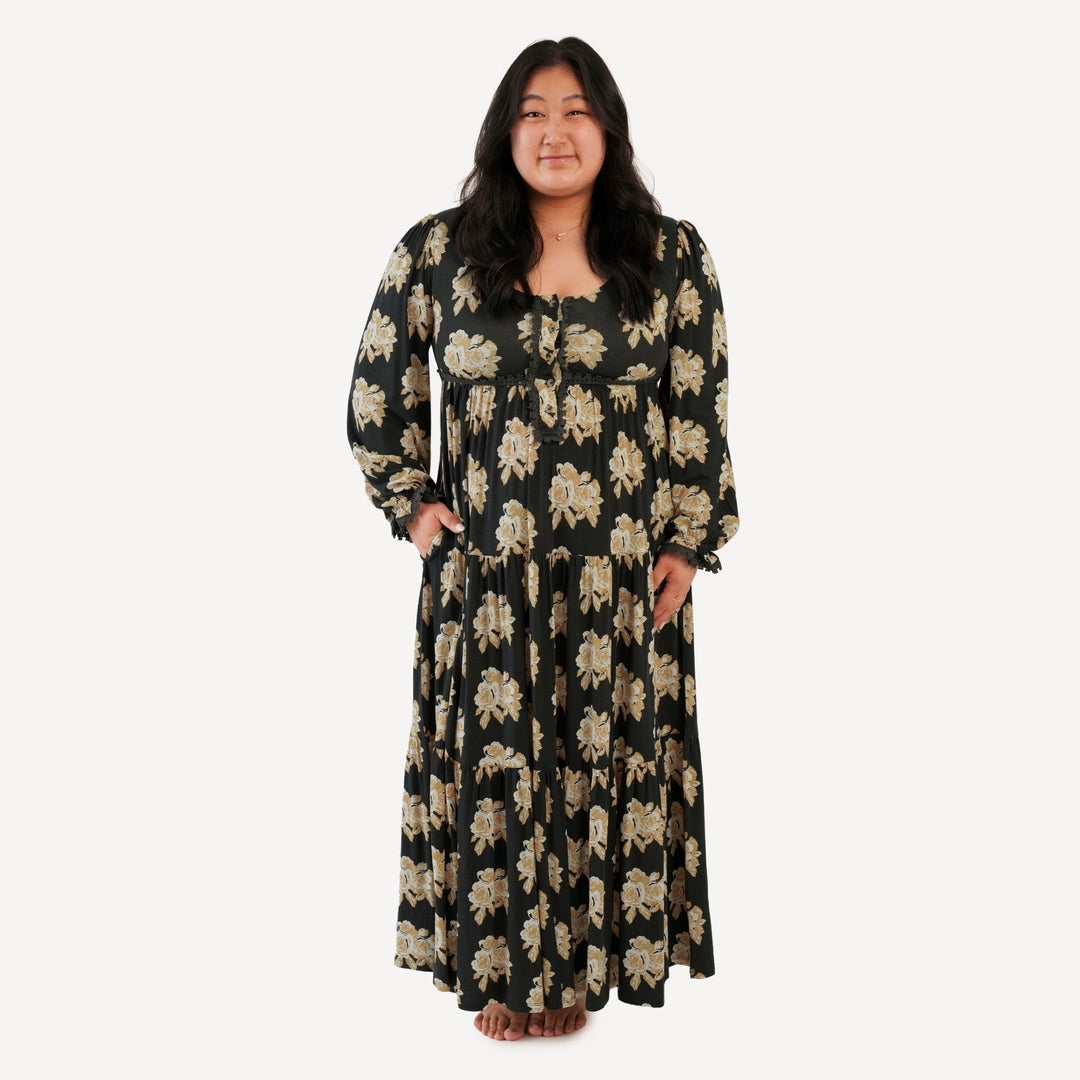 womens long sleeve lace prairie dress | taffy rose | bamboo