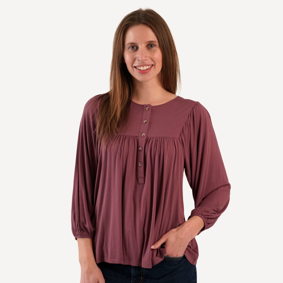 womens long sleeve inverted yoke henley top | apple fritter | bamboo