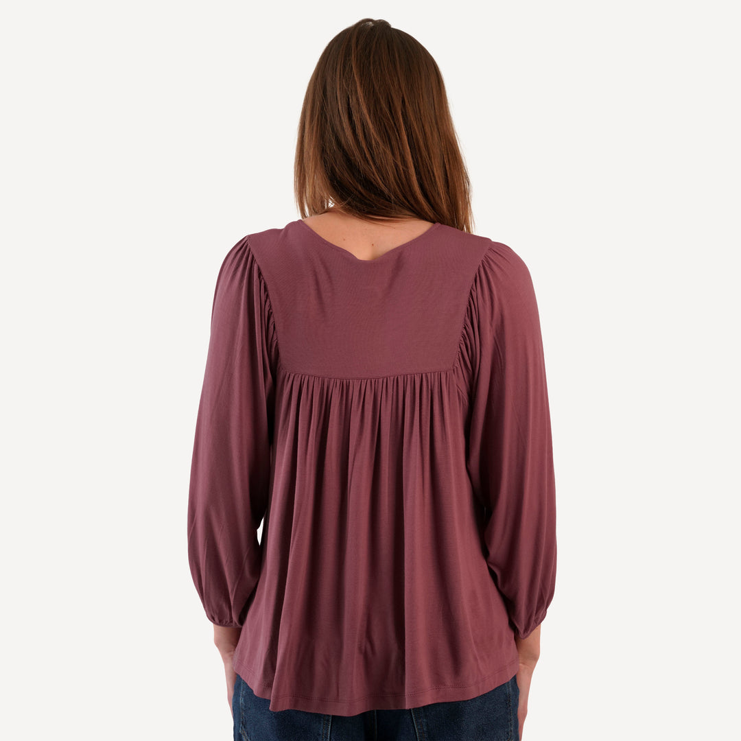 womens long sleeve inverted yoke henley top | apple fritter | bamboo