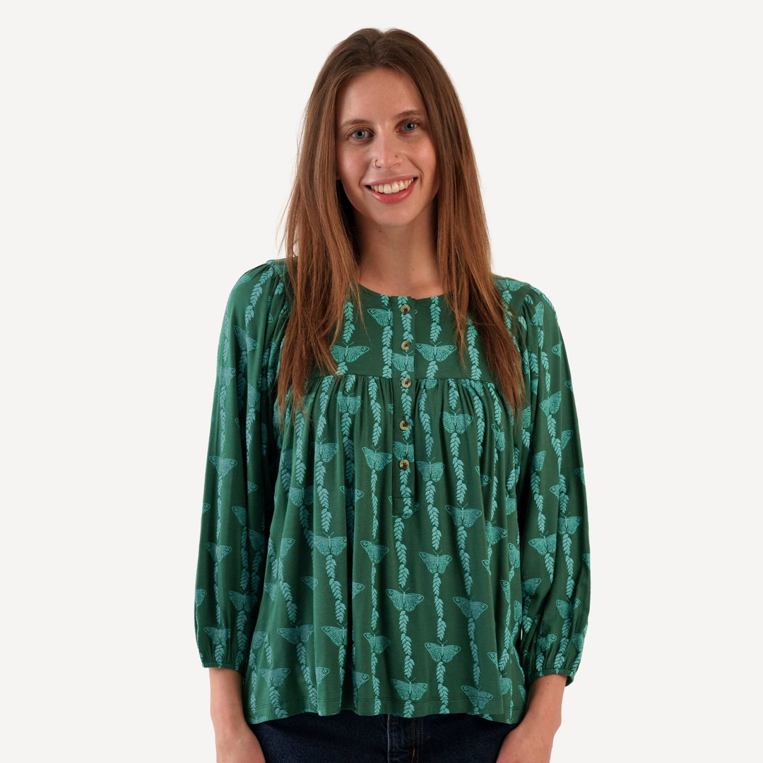 womens long sleeve inverted yoke henley top | juniper butterfly vine | bamboo