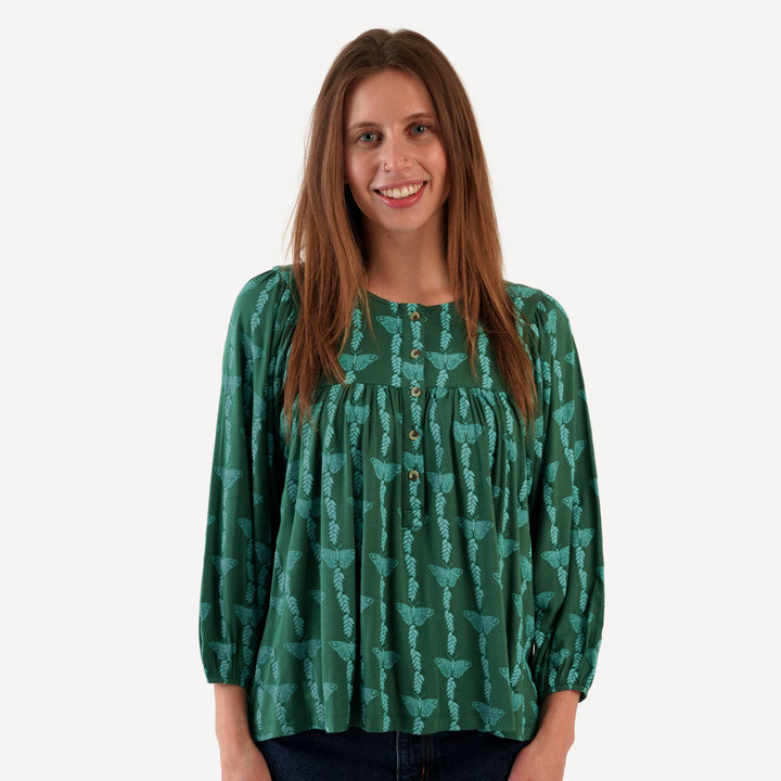 womens long sleeve inverted yoke henley top | juniper butterfly vine | bamboo