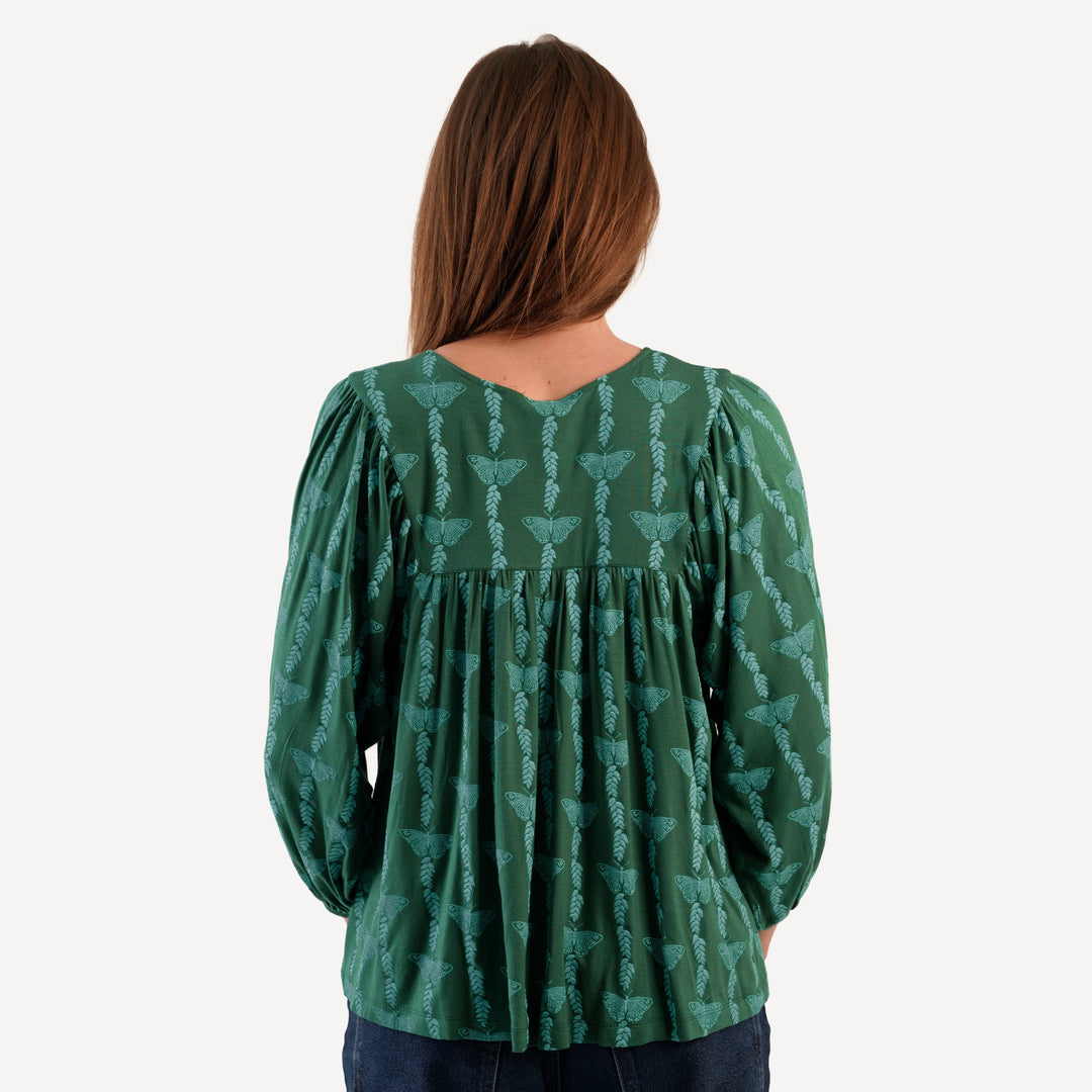 womens long sleeve inverted yoke henley top | juniper butterfly vine | bamboo