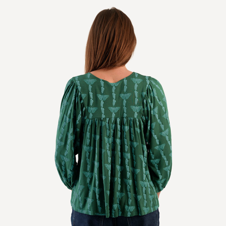 womens long sleeve inverted yoke henley top | juniper butterfly vine | bamboo