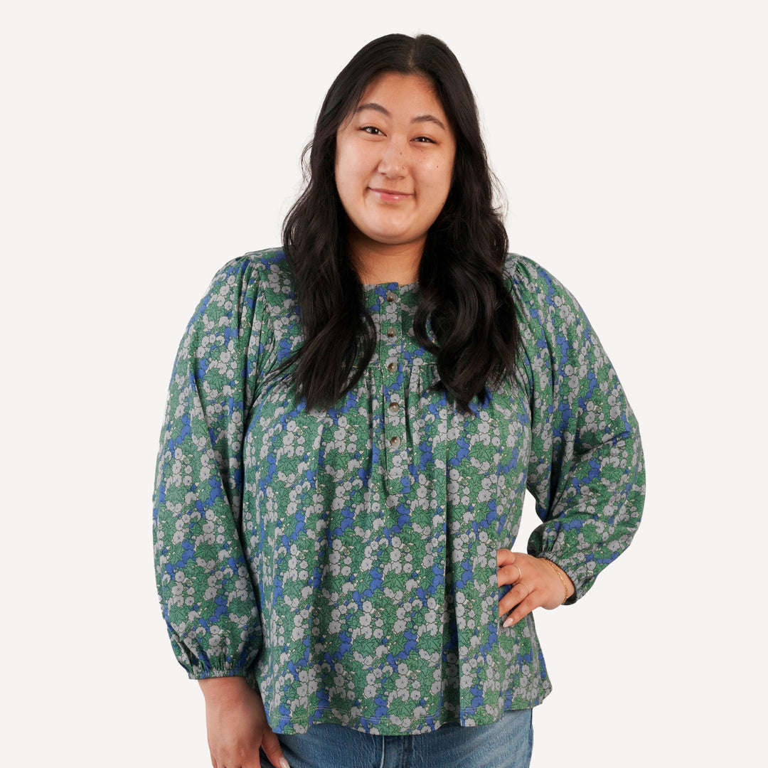 womens long sleeve inverted yoke henley top | blue ivy floral | bamboo