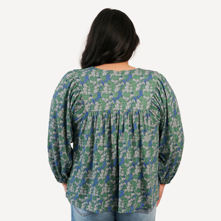 womens long sleeve inverted yoke henley top | blue ivy floral | bamboo