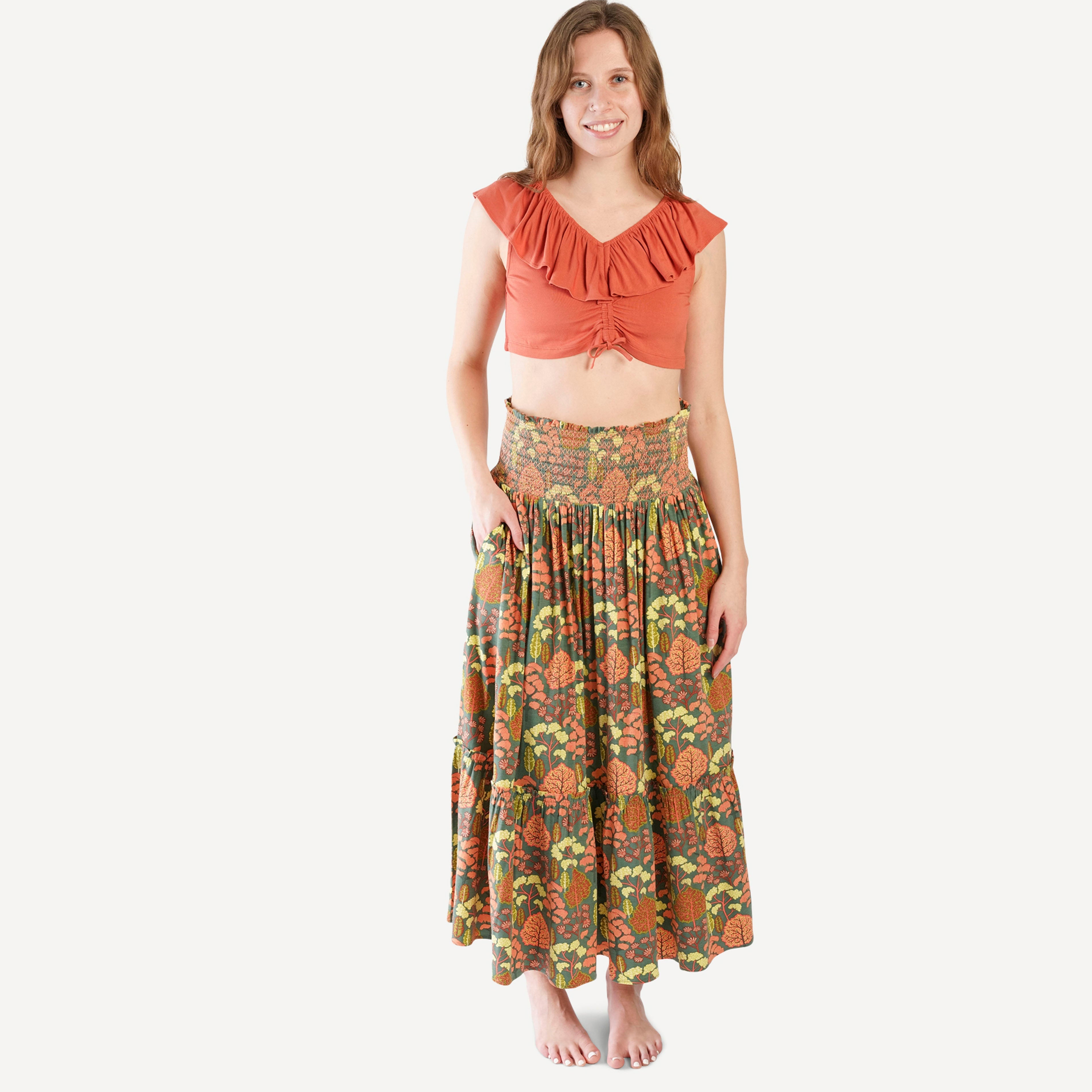 womens v-neck ruffle crop top | rhubarb | bamboo – kate quinn