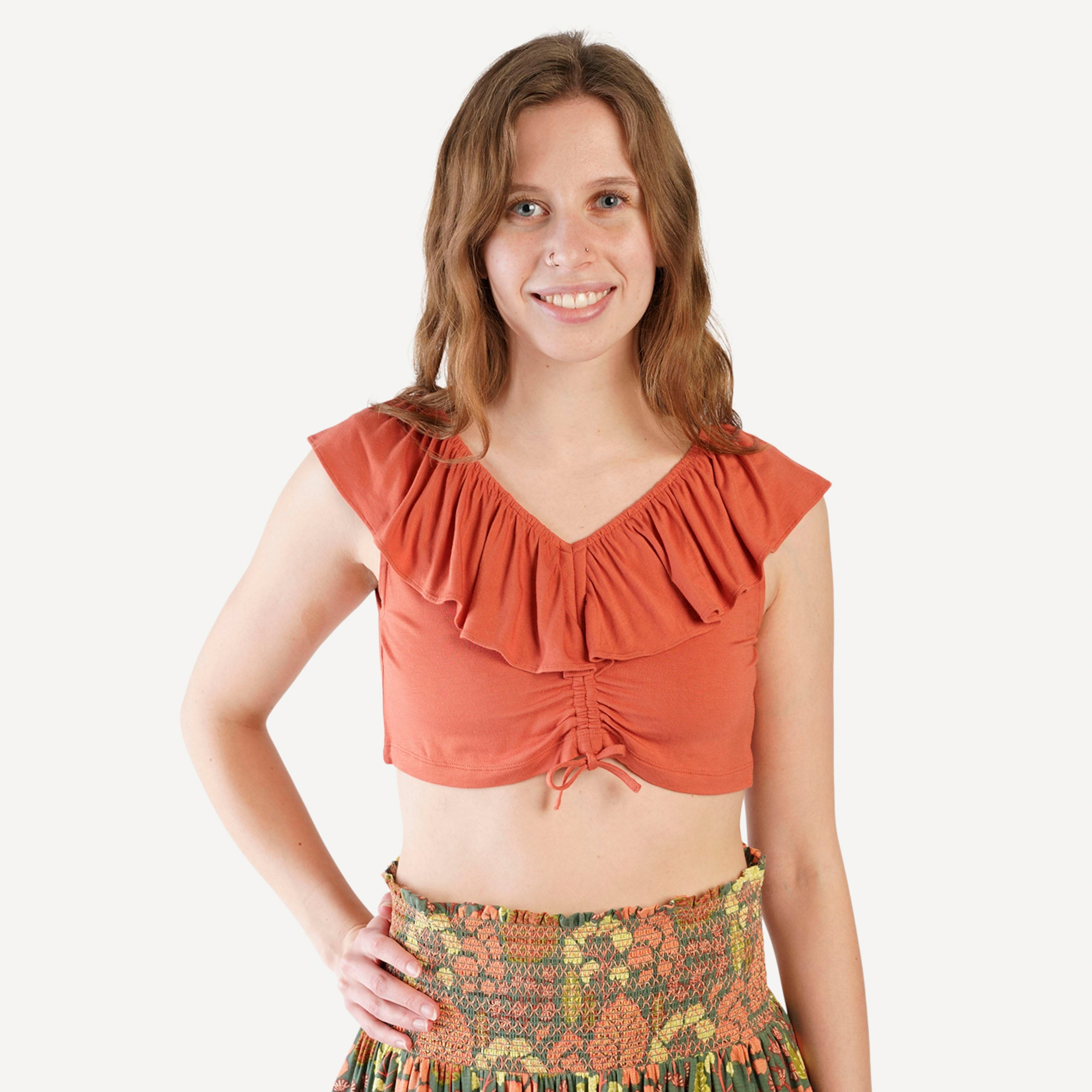 womens v-neck ruffle crop top | rhubarb | bamboo – kate quinn