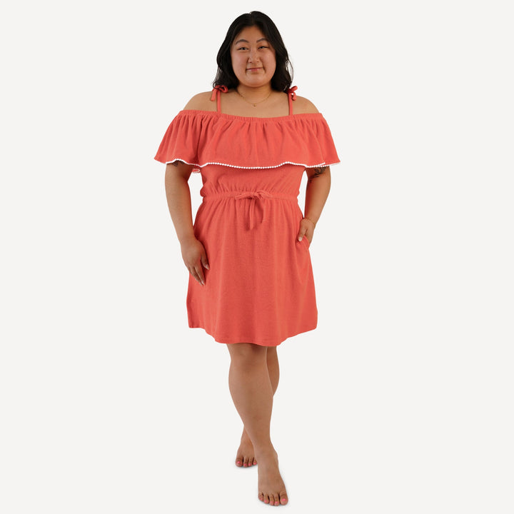 womens off the shoulder ruffle dress | emberglow | organic cotton terry