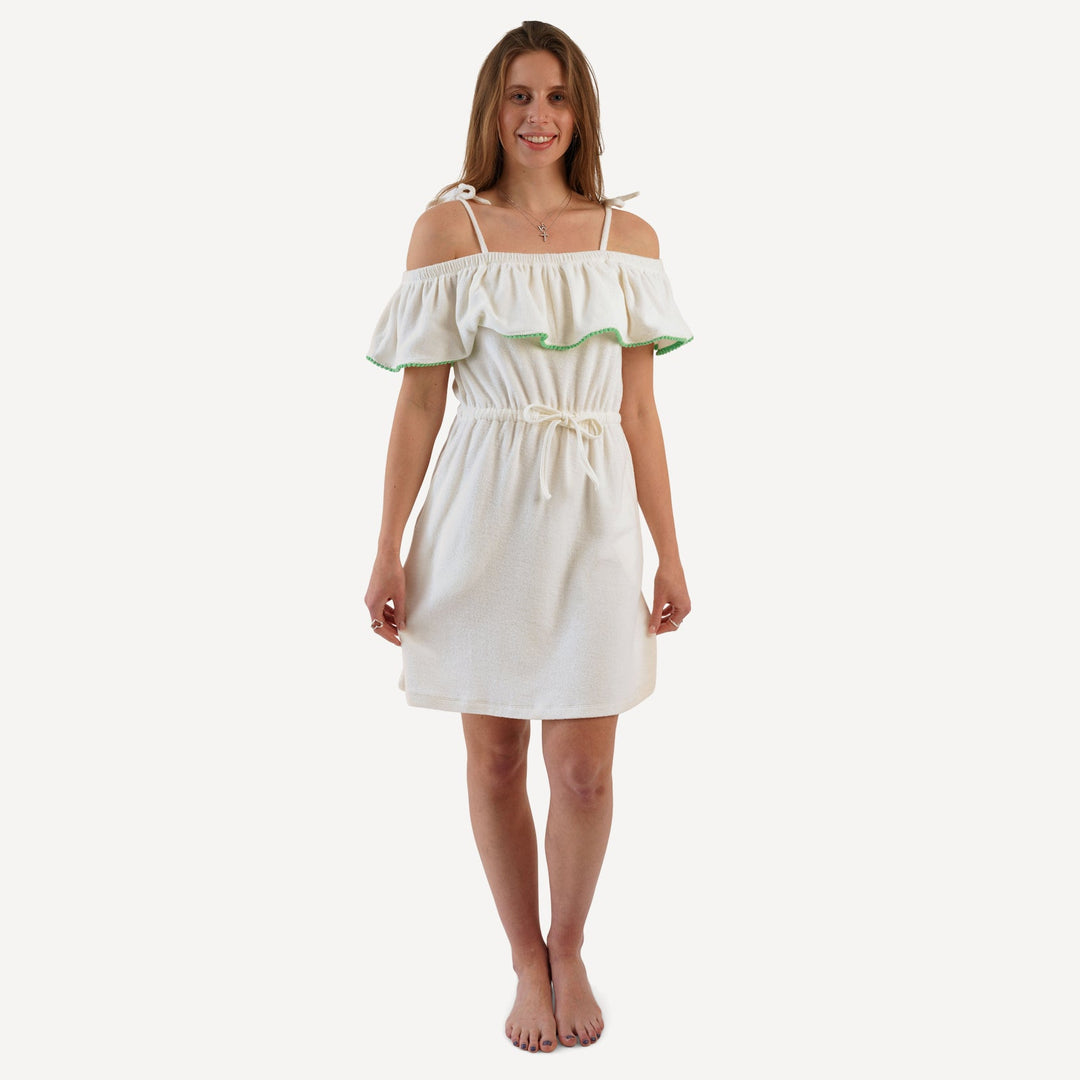 womens off the shoulder ruffle dress | coconut | organic cotton terry