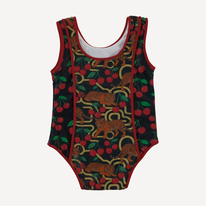 retro piped suit | tiger + cherries | swim