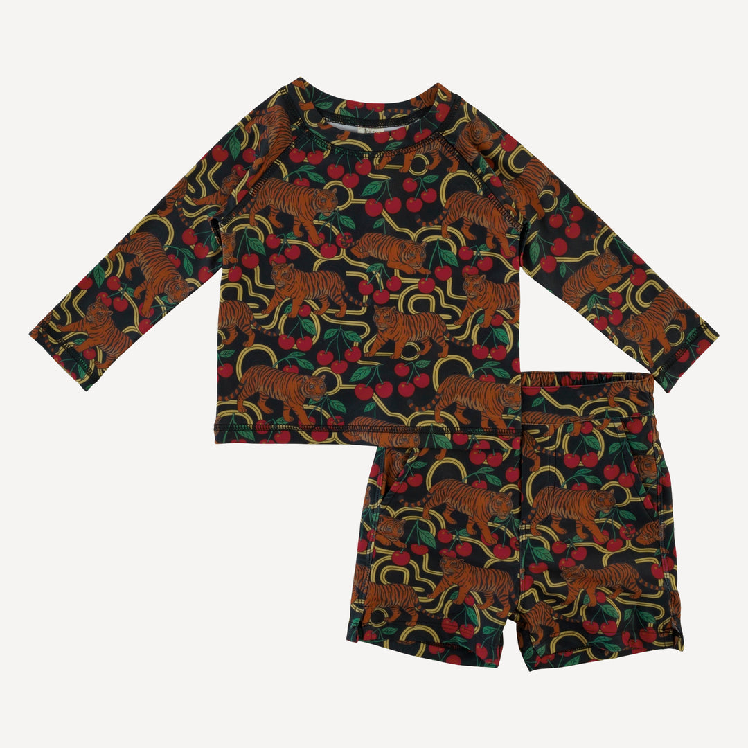 long sleeve rash guard tee + pocket board short set | tiger + cherries | swim
