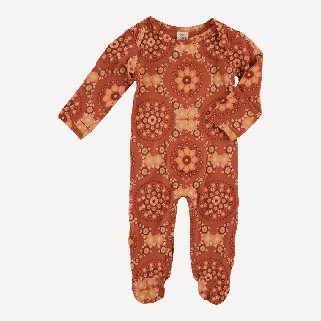 long sleeve lap neck footie | 70s floral wallpaper | bamboo