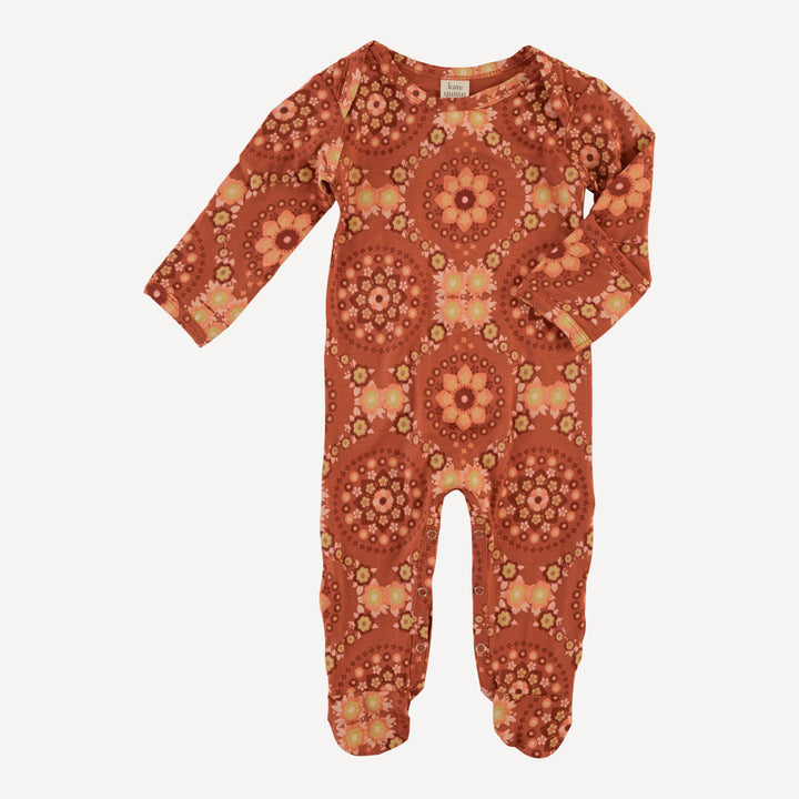 long sleeve lap neck footie | 70s floral wallpaper | bamboo