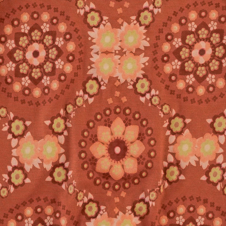 long sleeve lap neck footie | 70s floral wallpaper | bamboo