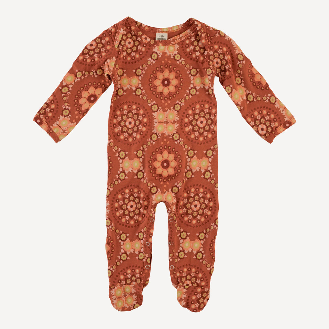long sleeve lap neck footie | 70s floral wallpaper | bamboo