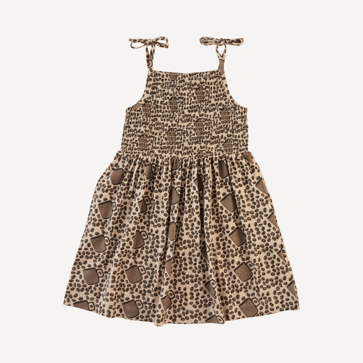 smocked tie dress | coffee bean | bamboo