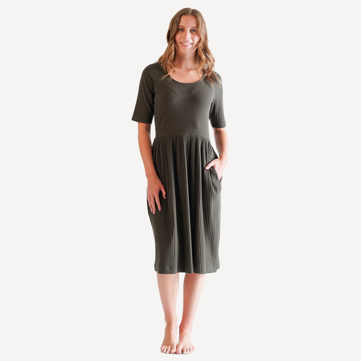 womens half sleeve scoop neck gathered dress | beluga | classic rib