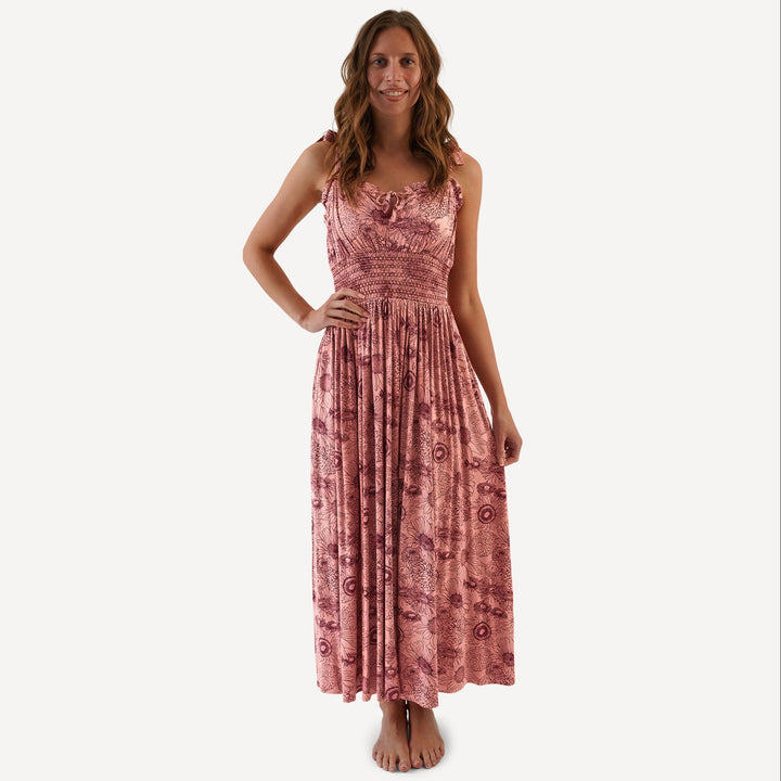 womens spaghetti tie winnie dress | merlot sunflowers | bamboo