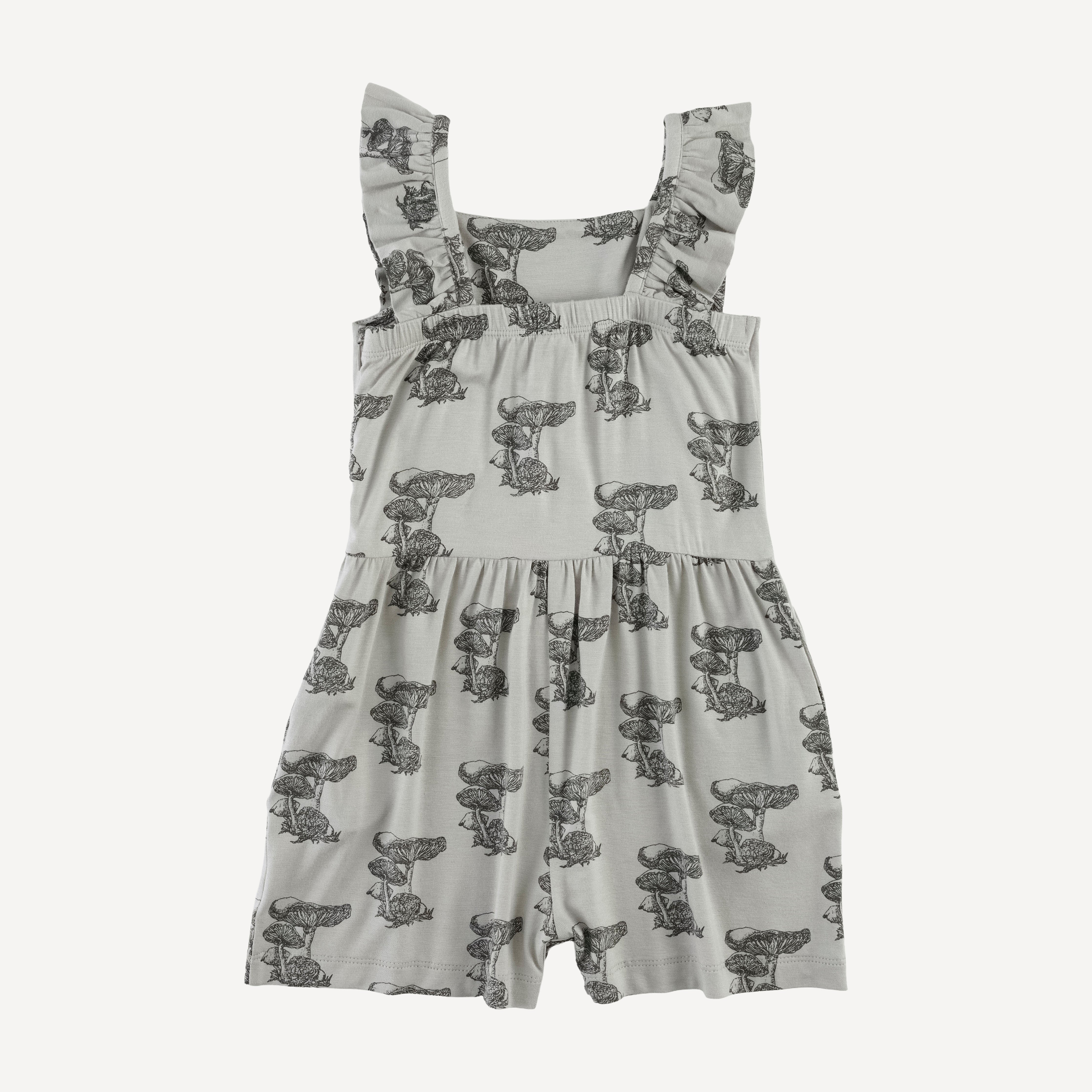 pinafore ruffle romper | gray mushroom snail | bamboo – kate quinn