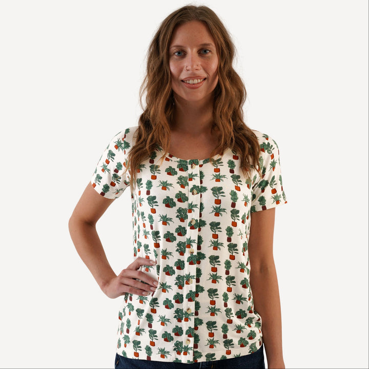 womens skinny button down tee | houseplants | bamboo