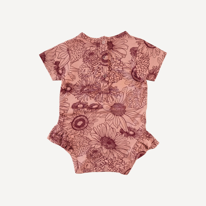 short sleeve ruffle leg bodysuit | merlot sunflowers | bamboo