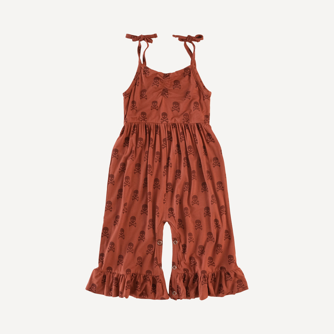 spaghetti tie ruched wide leg ruffle jumpsuit | red skulls | organic cotton interlock