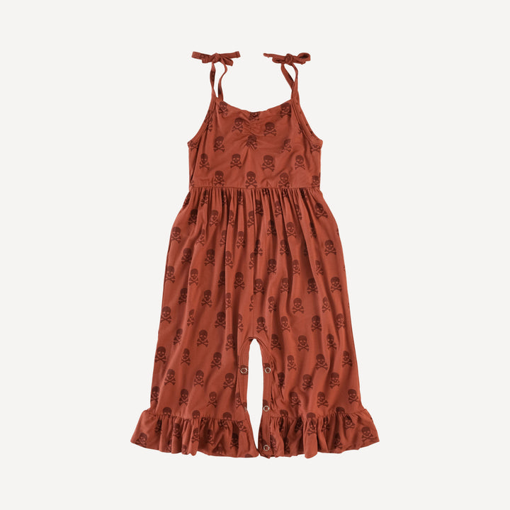 spaghetti tie ruched wide leg ruffle jumpsuit | red skulls | organic cotton interlock