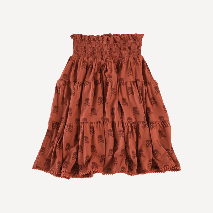 smocked tiered pom pom maxi skirt | red skulls | organic cotton interlock