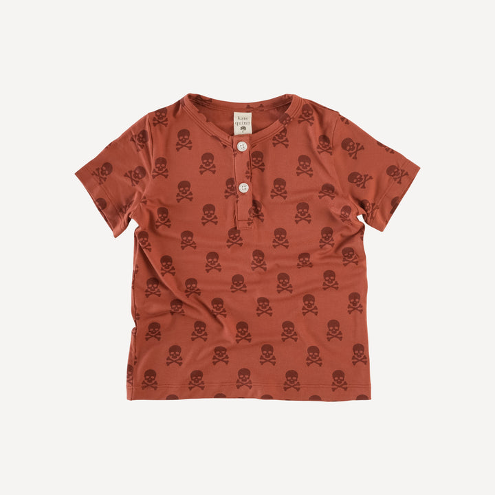 short sleeve basic henley tee | red skulls | organic cotton interlock